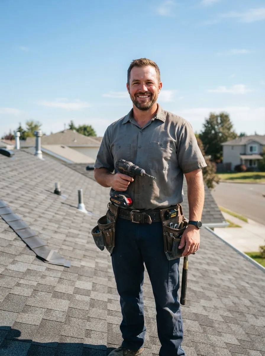 Smiling roofer holding a drill while standing on a shingle roof