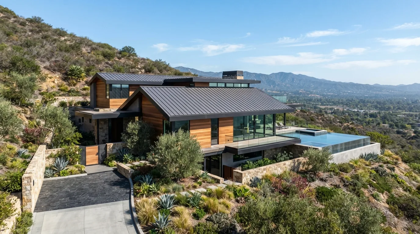 Modern hillside home with a standing-seam metal roof