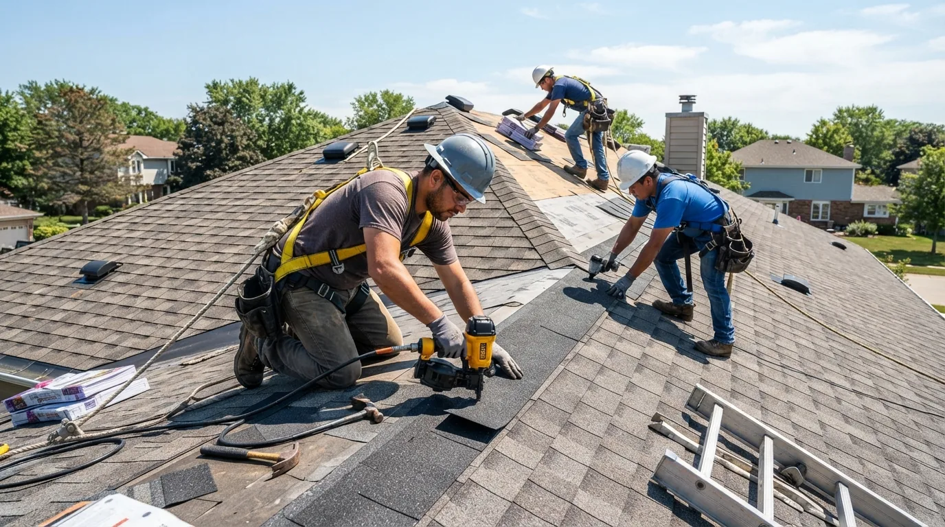 Roofing crew at work installing shingles on a residential roof