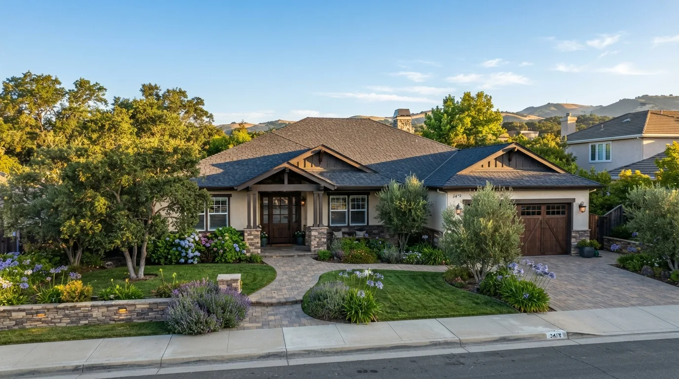Craftsman-style home with a new dark shingle roof at sunset