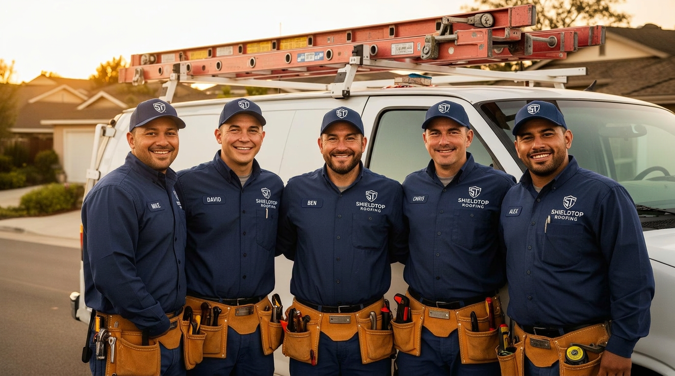 ShieldTop Roofing crew smiling in front of work van with ladders in Hollister, CA